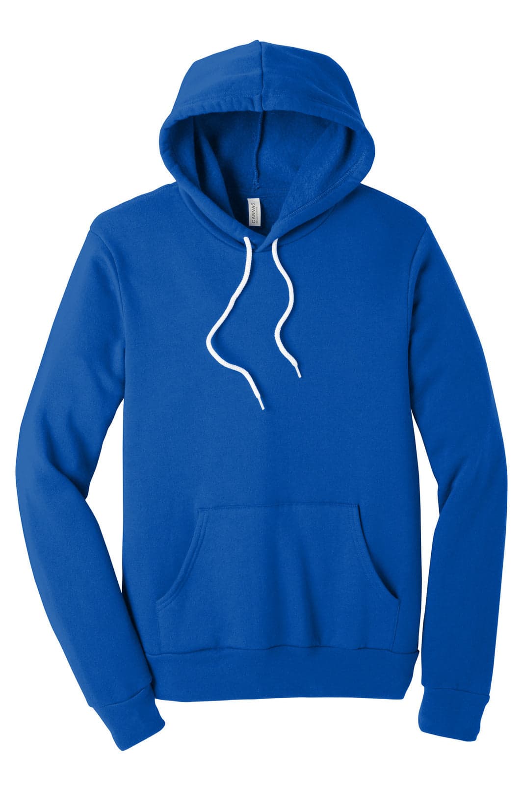 A blue unisex sponge fleece pullover hoodie with a front pocket and a hood, featuring a logo.