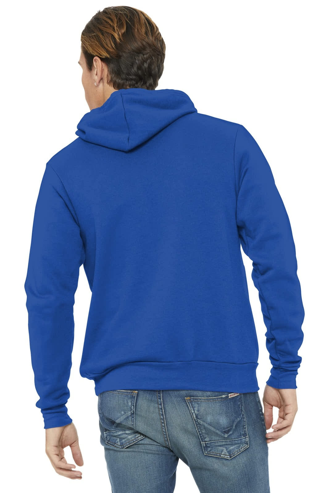 A blue unisex sponge fleece pullover hoodie with a hood, displayed from the back.