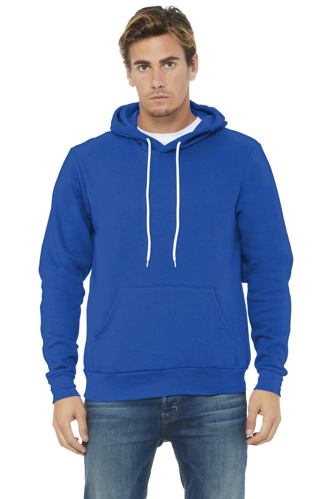 A unisex sponge fleece pullover hoodie in a vibrant royal blue, featuring a kangaroo pocket and a drawstring hood.
