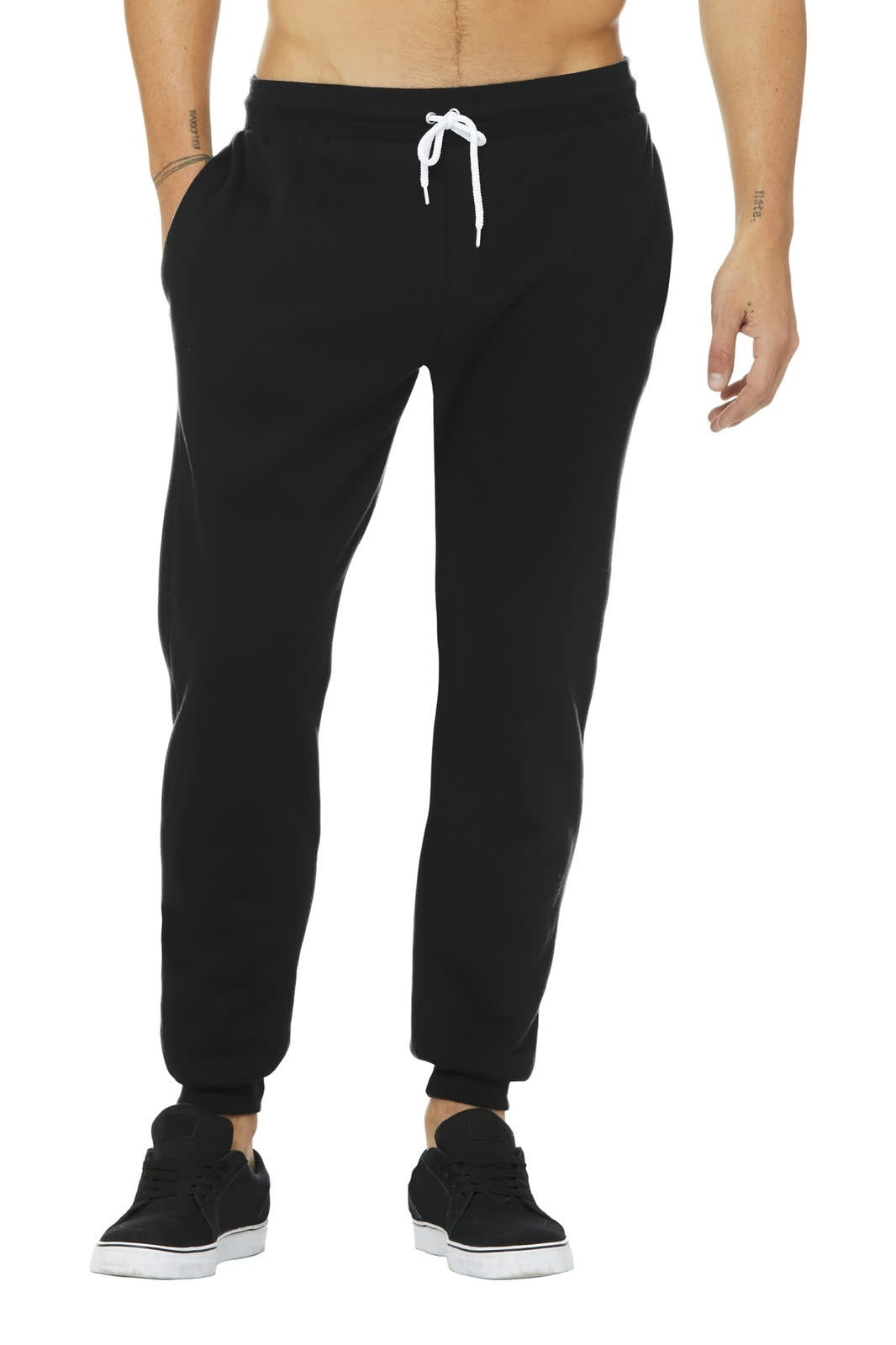 Unisex jogger sweatpants in black with a white drawstring, featuring pockets and a tapered fit.