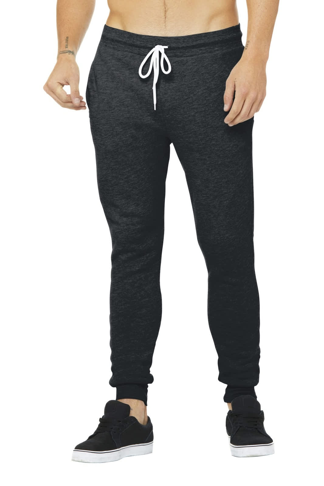 Unisex jogger sweatpants in dark grey with a white drawstring, featuring a fitted design and elastic cuffs.