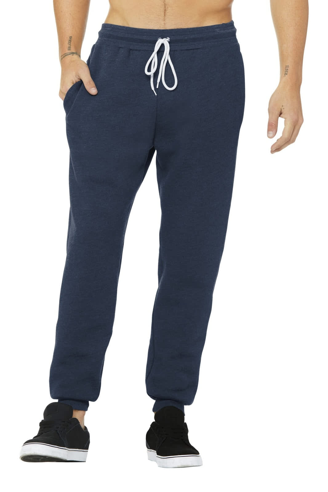 Unisex jogger sweatpants in navy blue with side pockets and a drawstring waistband. Features a logo.
