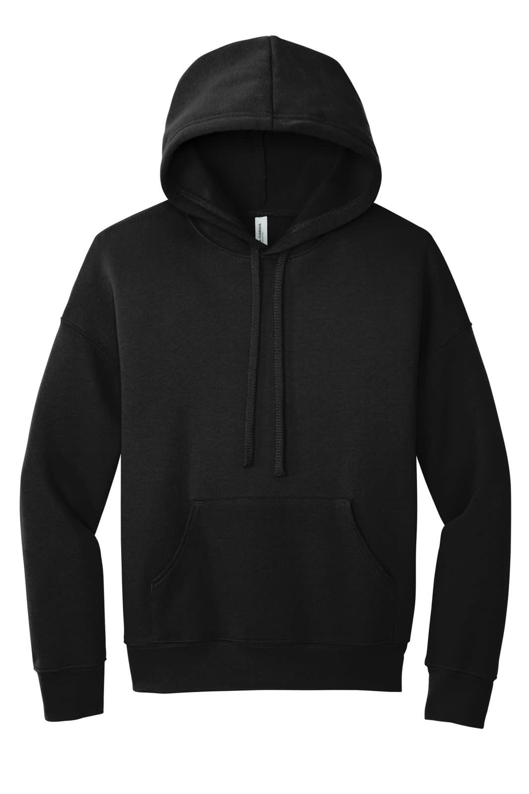 A black unisex sponge fleece pullover hoodie with a front pocket and drawstring hood. Features branding.