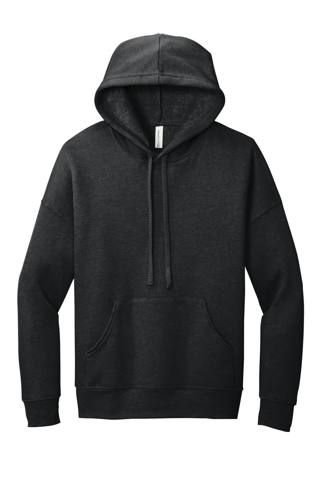 A black unisex sponge fleece pullover hoodie with a front pocket and a drawstring hood. It features a logo.