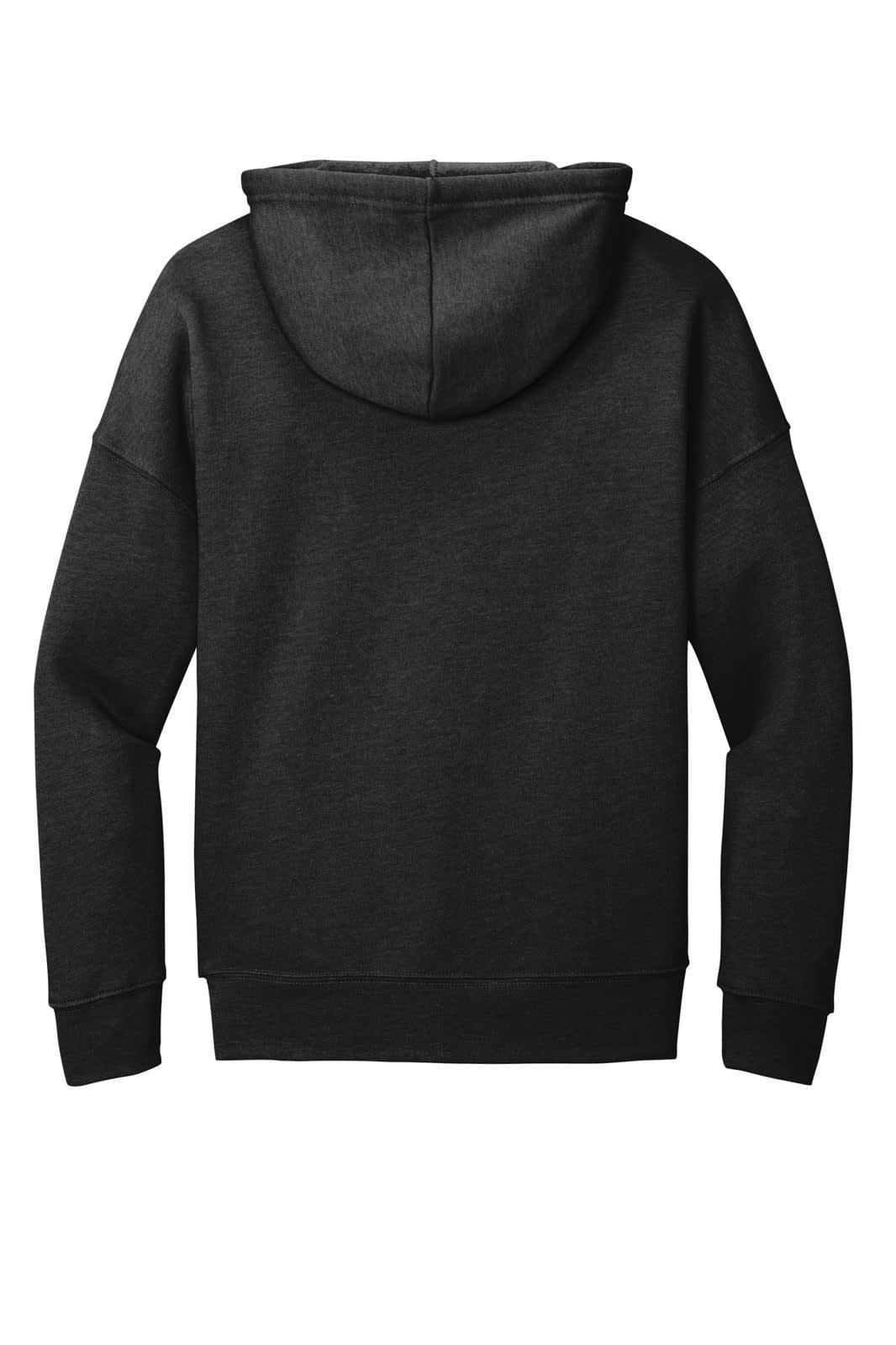 A unisex hoodie in dark charcoal with a spacious hood and long sleeves. It features a logo on the back.