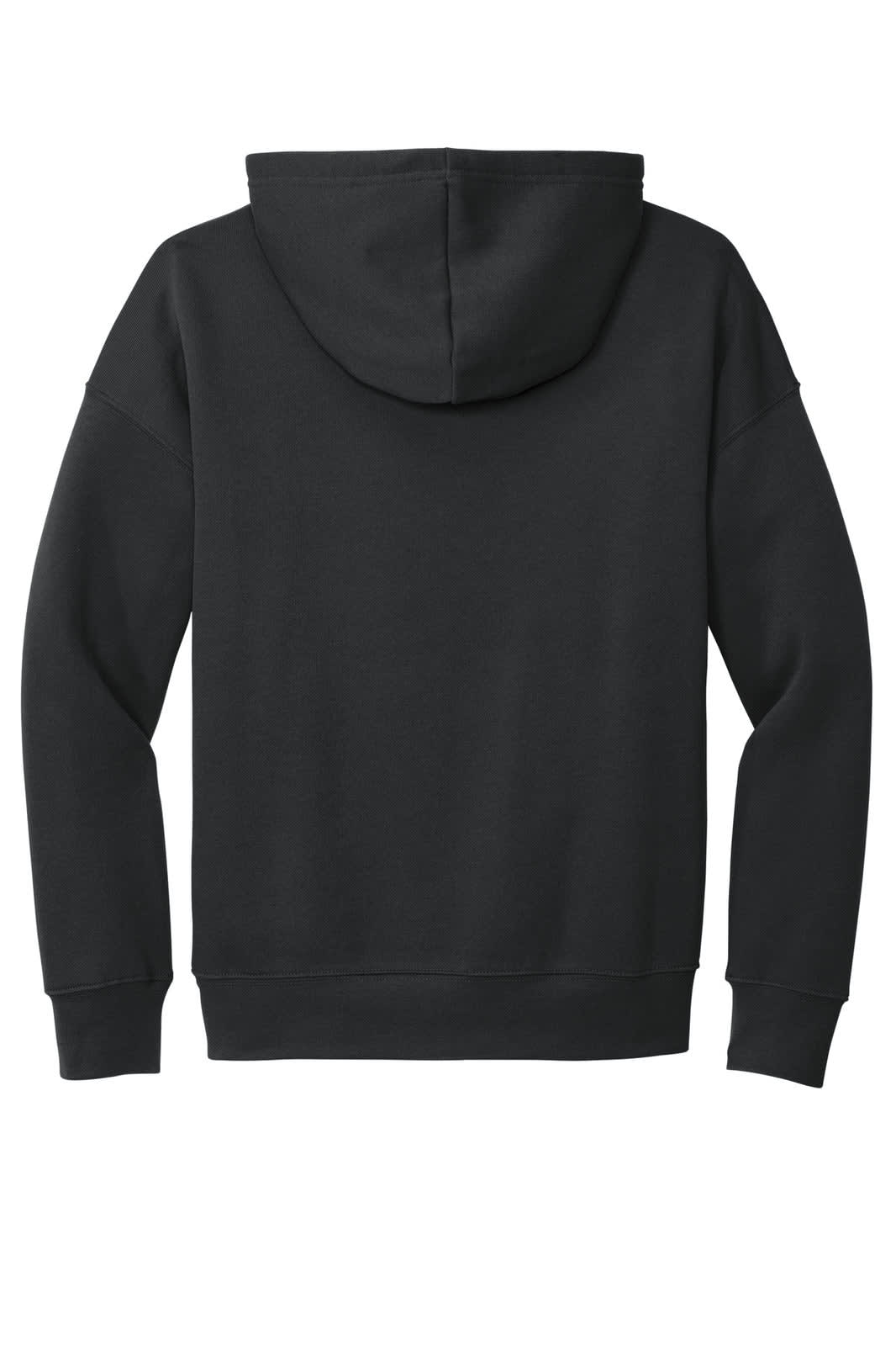 A black unisex sponge fleece pullover hoodie featuring a attached hood and long sleeves. Includes branding.