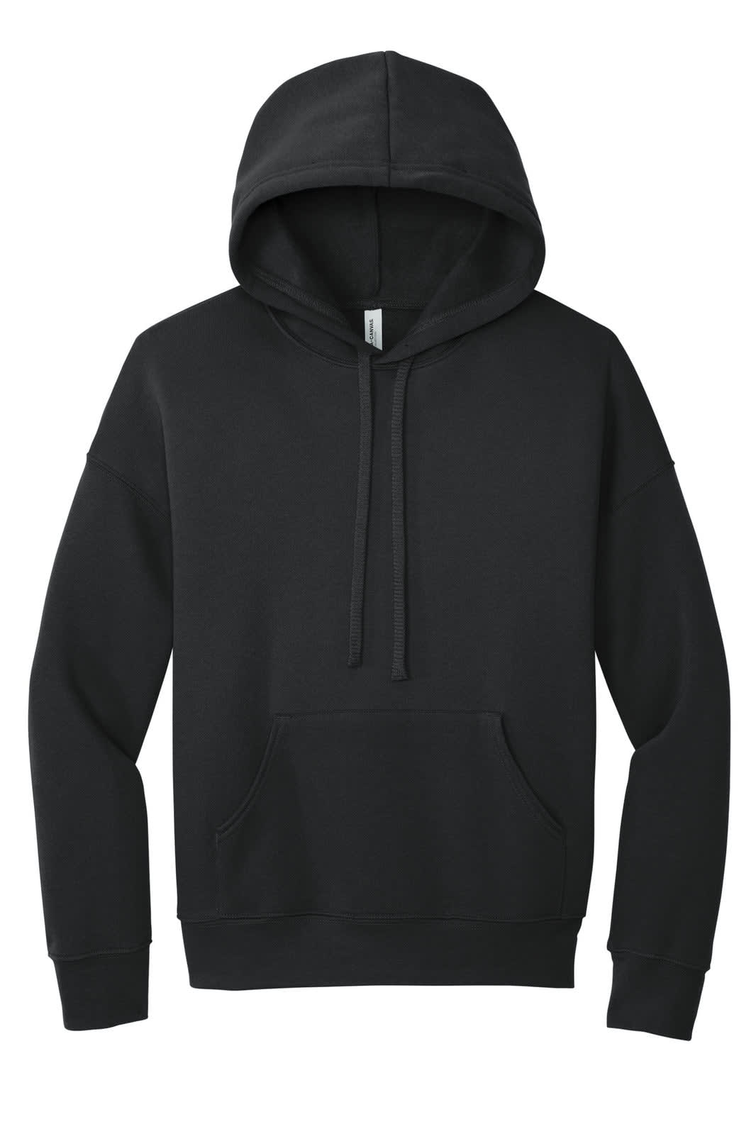 A black unisex sponge fleece pullover hoodie featuring a spacious front pocket and a drawstring hood.
