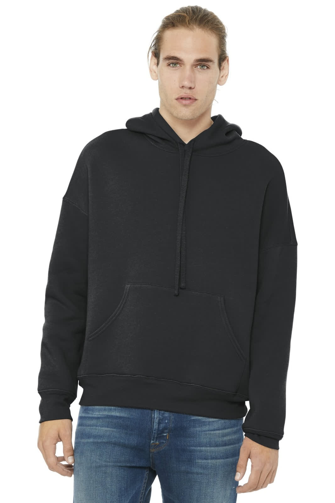 A black unisex sponge fleece pullover hoodie with a front pocket and drawstring hood. Features a logo.