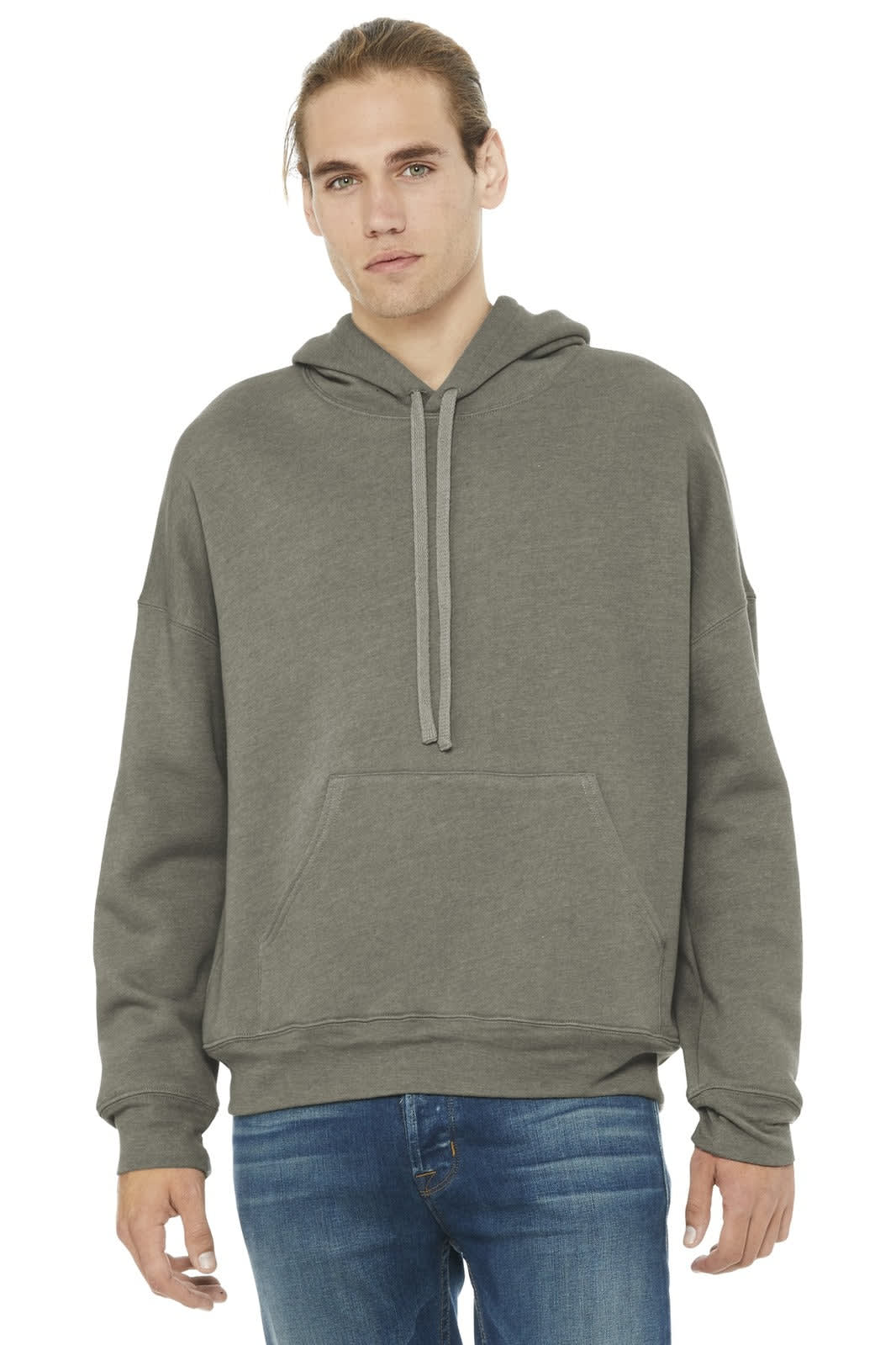 A unisex sponge fleece pullover hoodie in grey, featuring a drawstring and a logo on the sleeve.