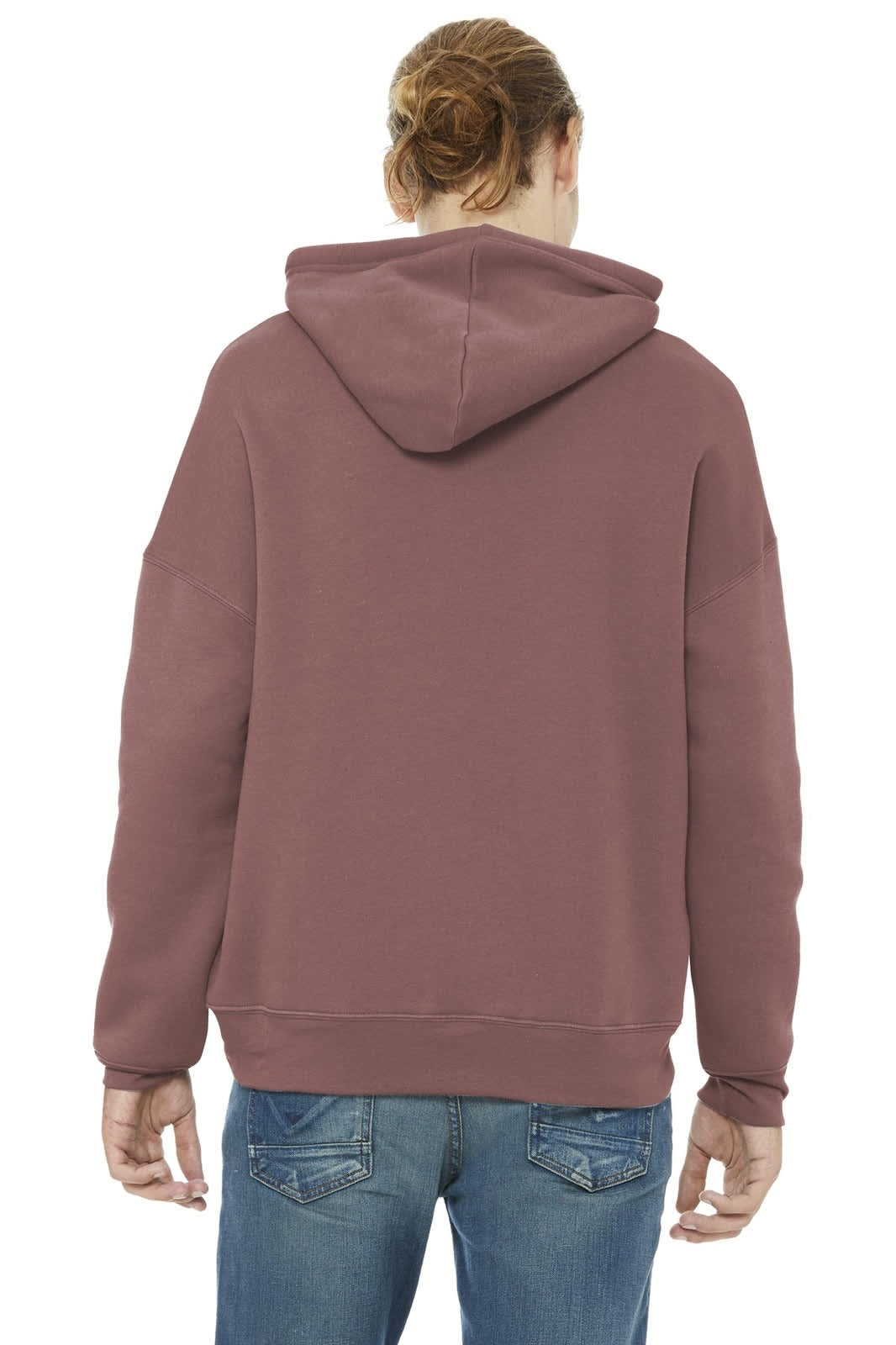 A person wearing a burgundy unisex sponge fleece pullover hoodie, showcasing the back view. The hoodie has a logo.