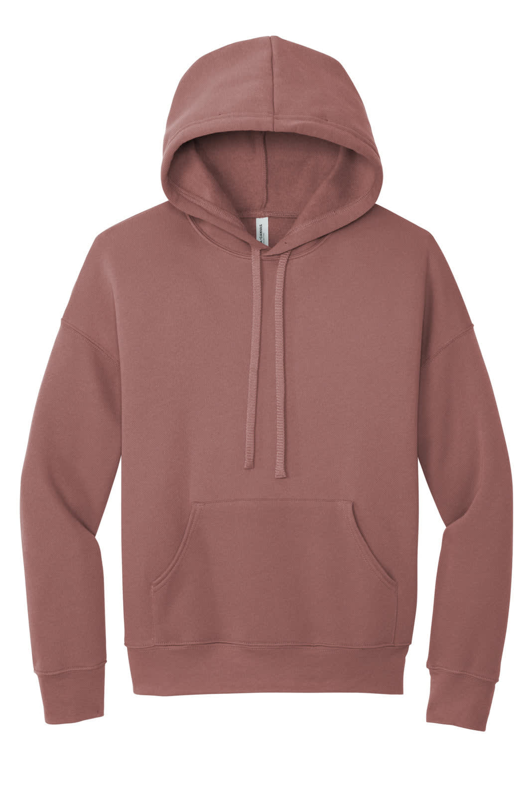A unisex sponge fleece pullover hoodie in a dusty rose colour, featuring a front pocket and a hood.