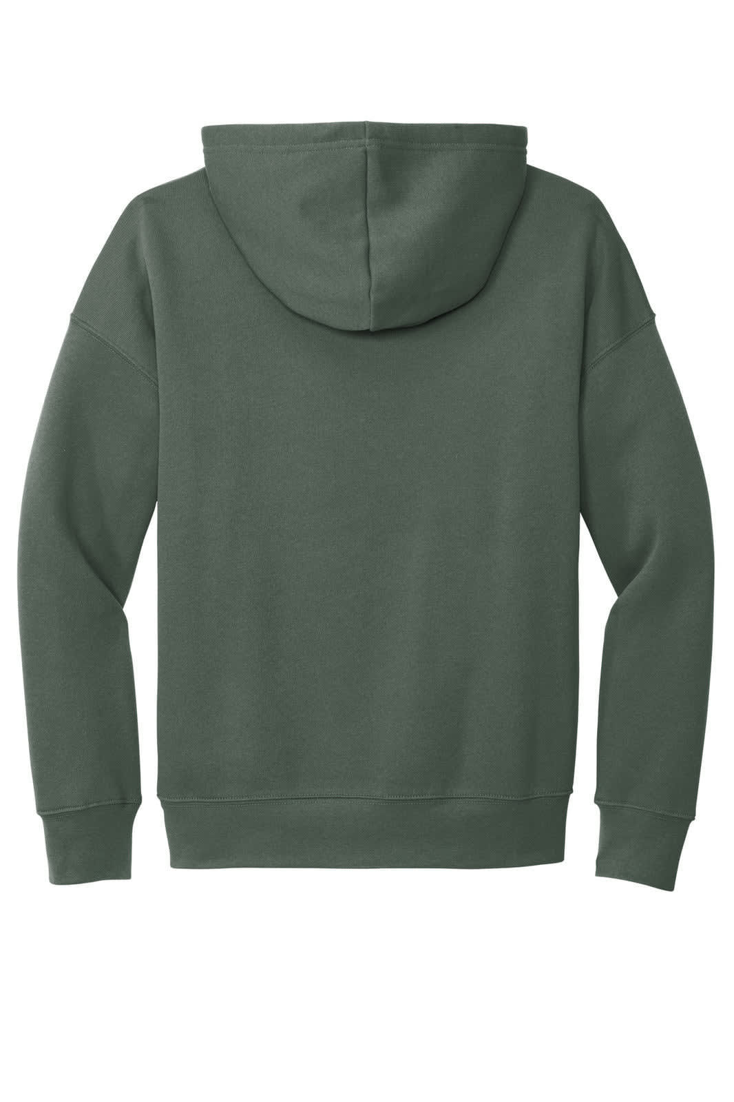 A unisex sponge fleece pullover hoodie in a muted green colour, featuring a hood and long sleeves.
