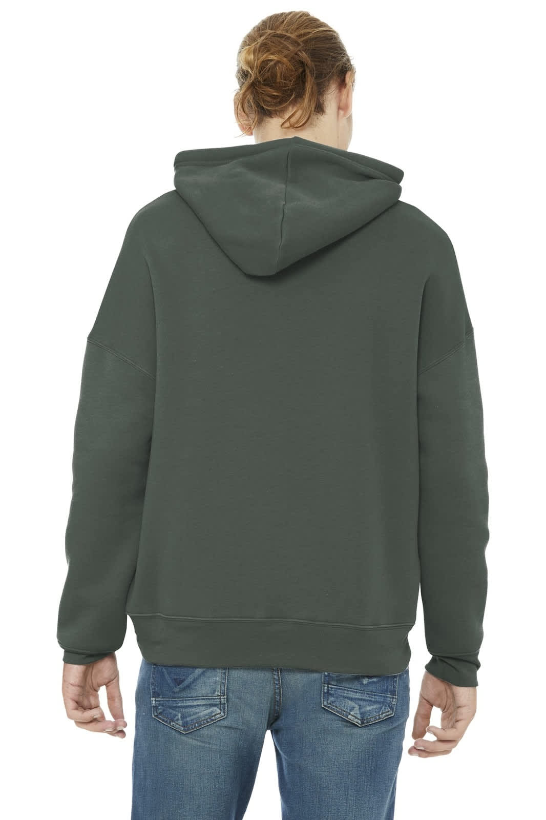A unisex pullover hoodie in dark green, featuring a hood and casual fit, with a logo on the back.