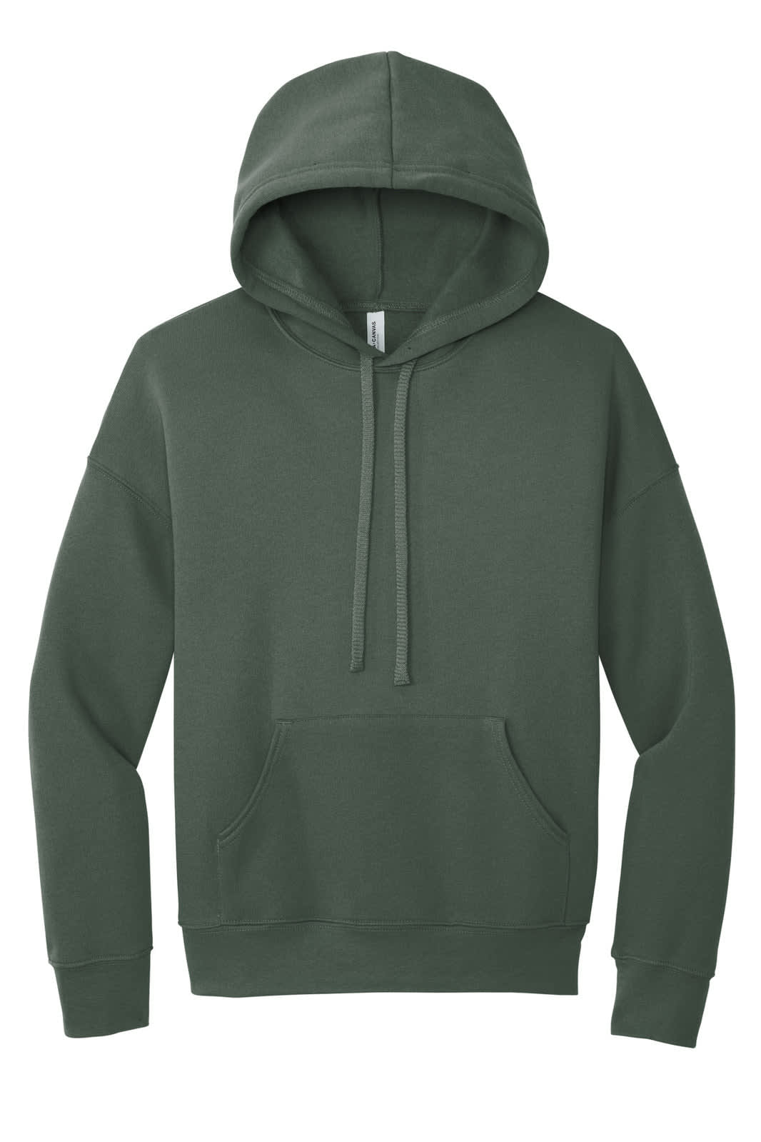 A unisex sponge fleece pullover hoodie in a deep green colour, featuring a front pocket and a hood.