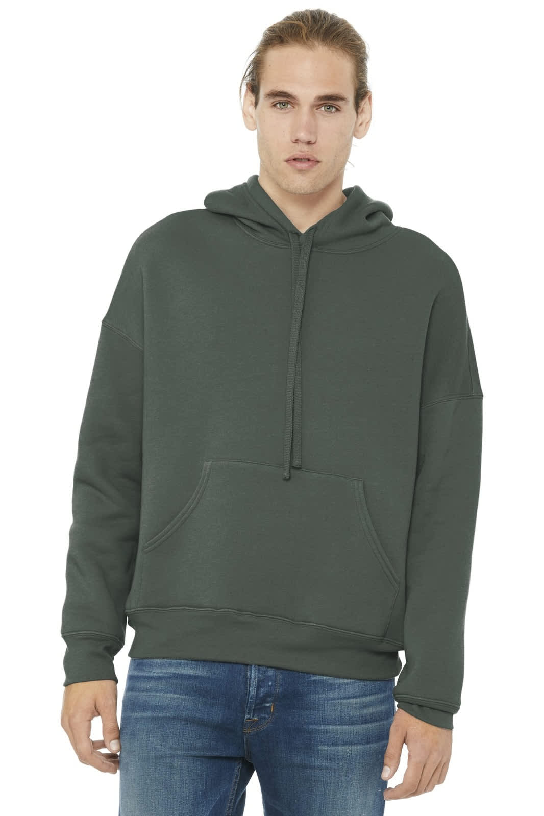 A unisex sponge fleece pullover hoodie in a muted green colour, featuring a front pocket and a hood.