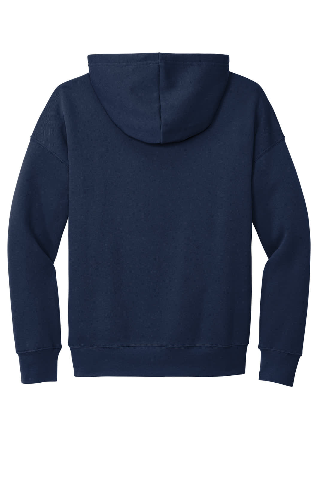 A navy blue unisex sponge fleece pullover hoodie featuring a spacious hood and relaxed fit, with a logo on the back.