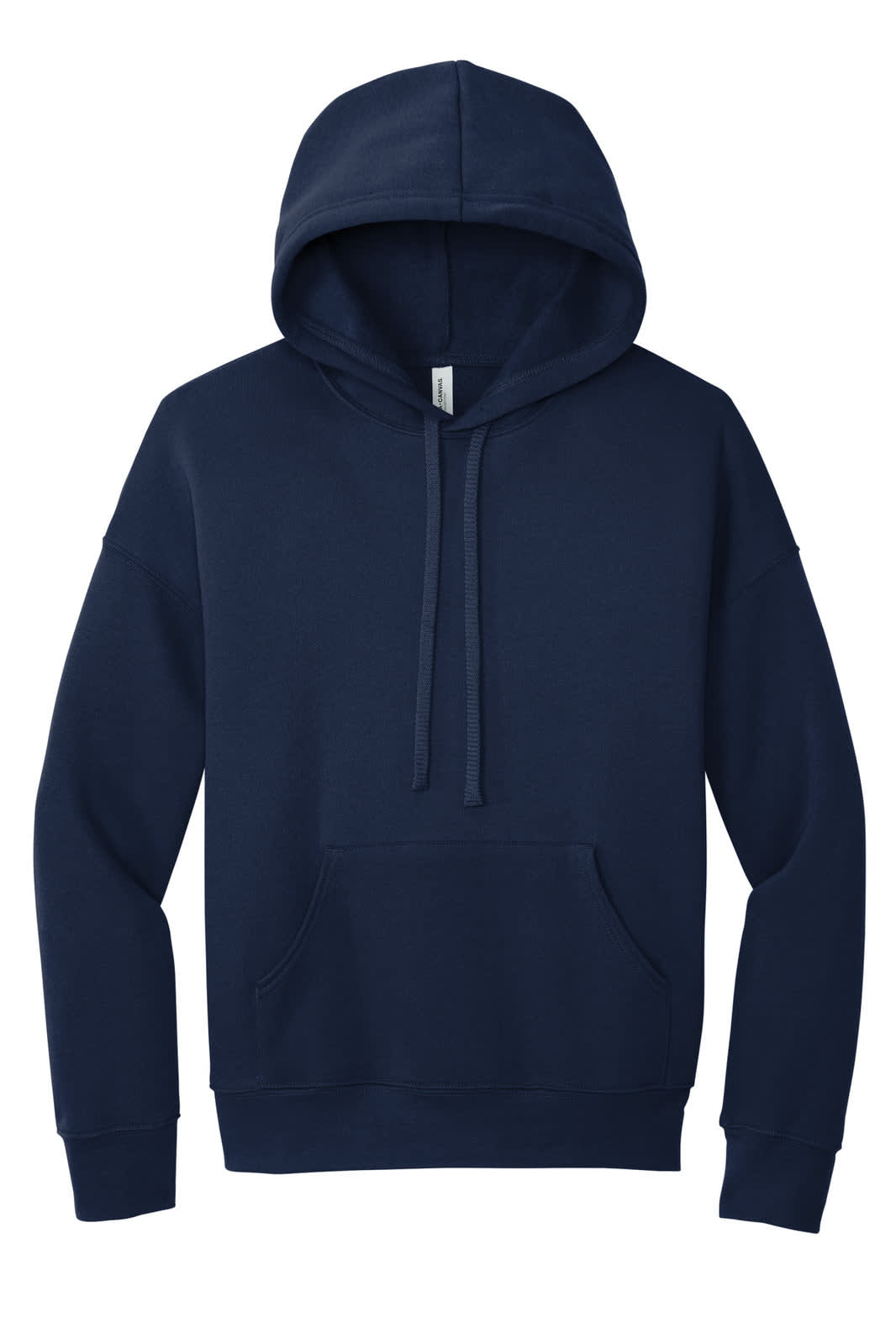 A navy unisex fleece pullover hoodie featuring a front pocket and a hood. It has a logo on the sleeve.