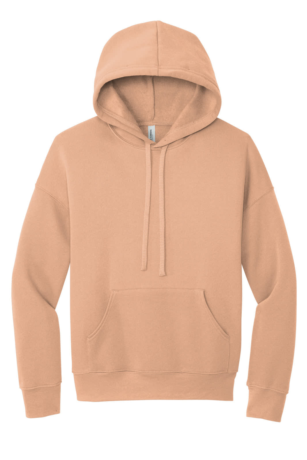 A unisex sponge fleece pullover hoodie in a light tan colour, featuring a front pouch pocket and a hood.
