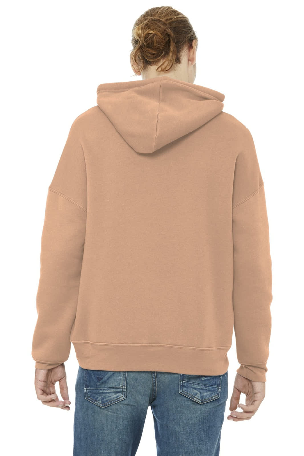 A unisex sponge fleece pullover hoodie in a soft peach colour, featuring a hood and a logo on the backside.