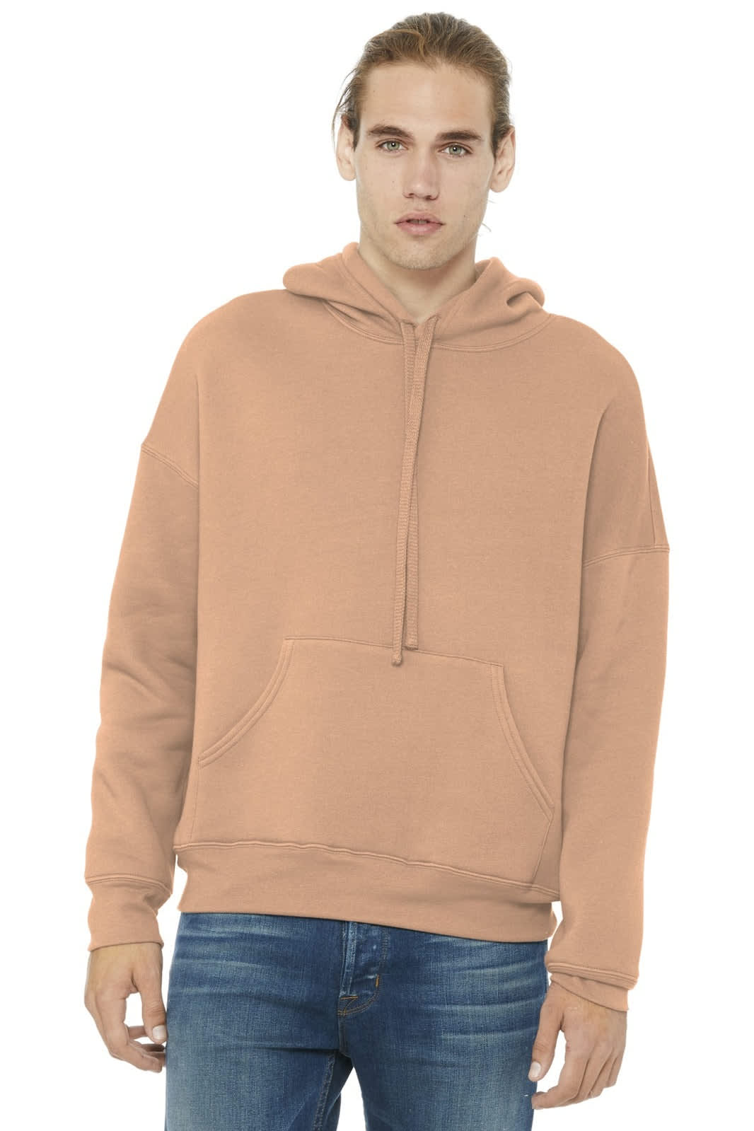 A unisex sponge fleece pullover hoodie in a sandy beige colour, featuring a front pocket and a hood.