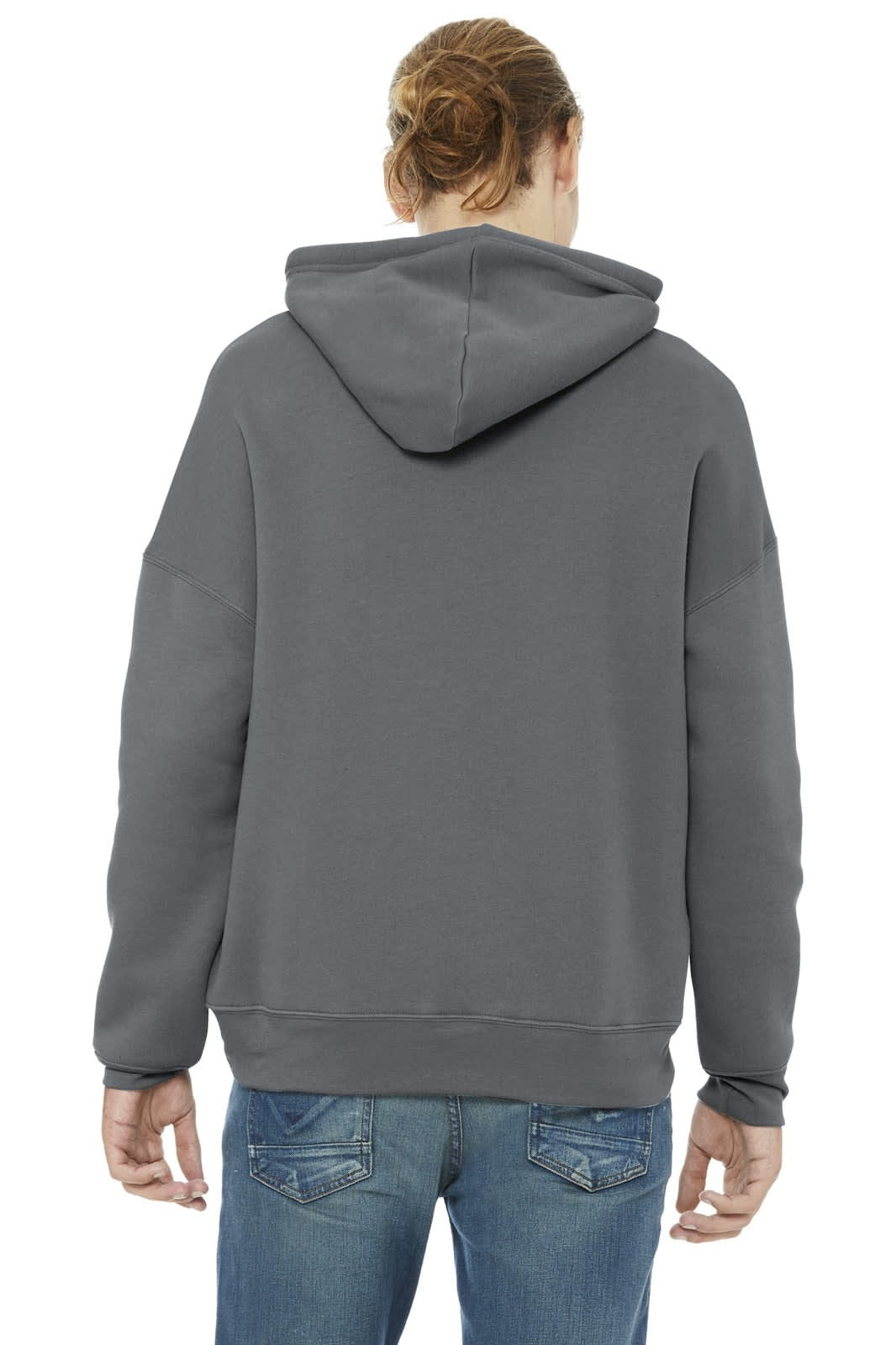 A unisex grey sponge fleece pullover hoodie with a hood, featuring a logo on the back.