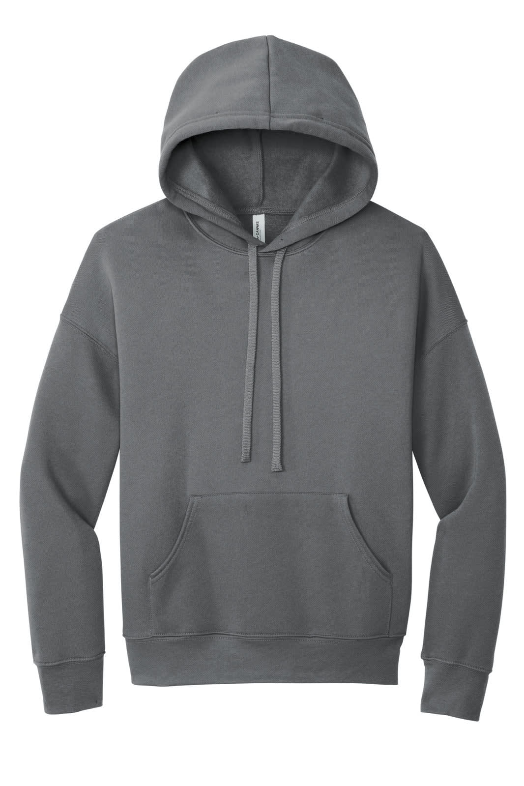 A unisex sponge fleece pullover hoodie in a grey colour featuring a front pocket and a hood, with branding.