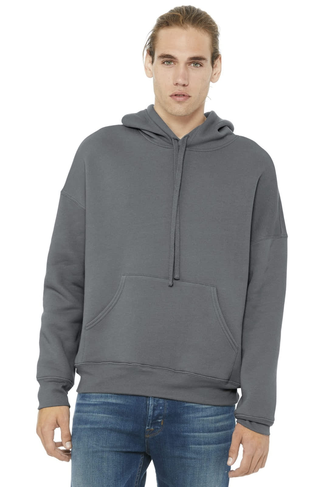 A grey unisex sponge fleece pullover hoodie with a front pocket and a drawstring hood. Features a logo.