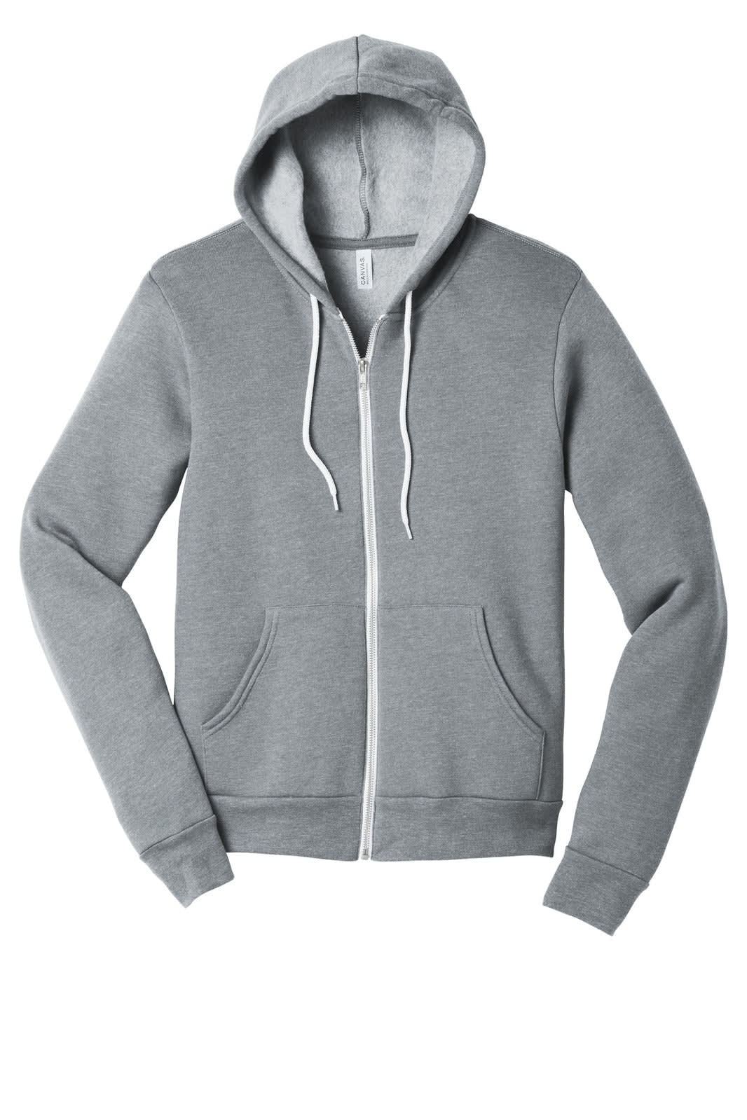 A grey unisex sponge fleece full-zip hoodie featuring a hood, front pockets, and a logo.