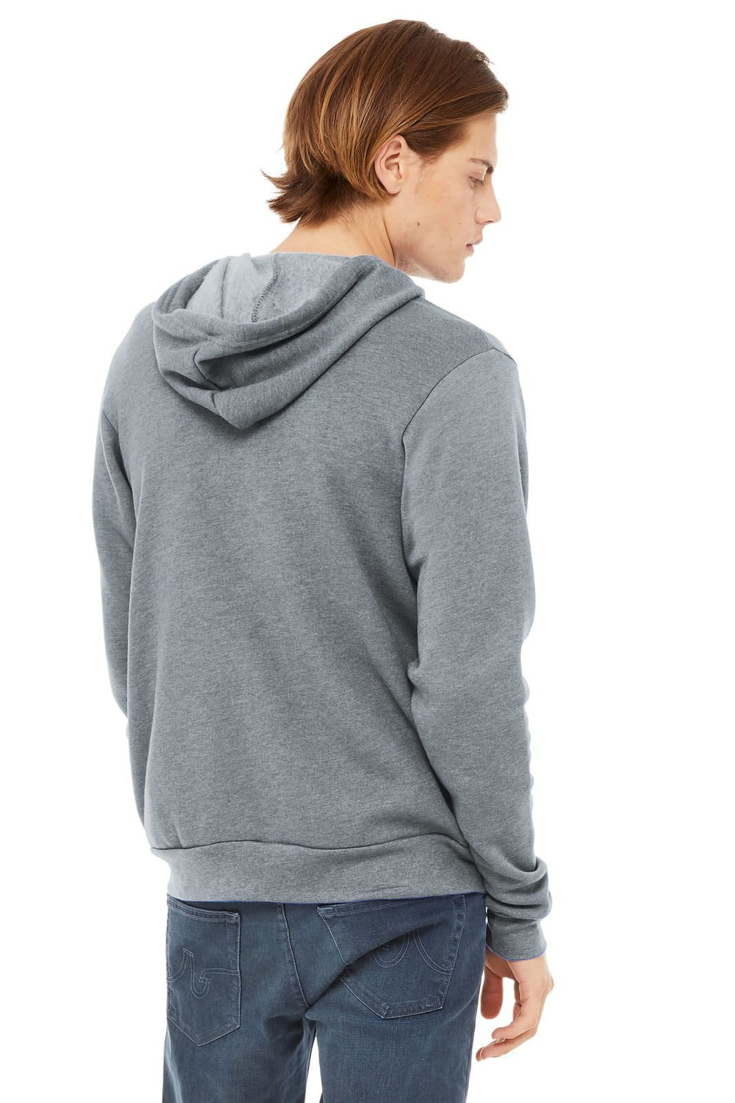 A unisex sponge fleece full-zip hoodie in grey, featuring a hood and a back view of a model.