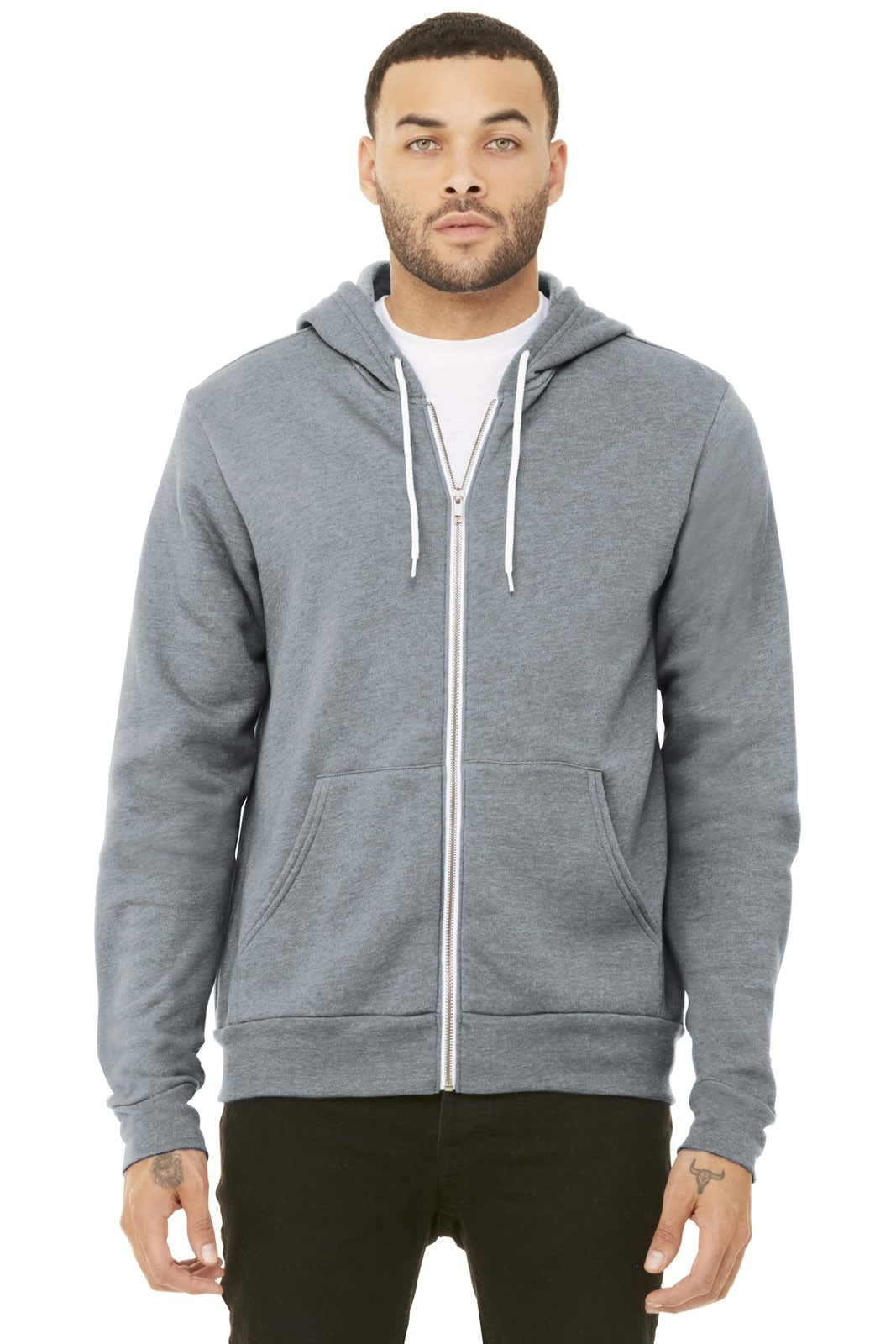 A grey unisex sponge fleece full-zip hoodie with a front zipper and drawstring hood. Features a branding logo.