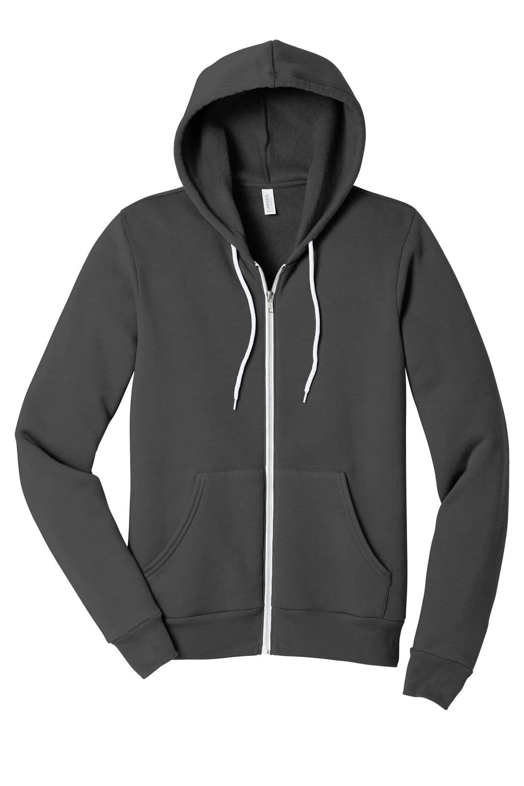 A unisex sponge fleece full-zip hoodie in dark grey with a hood and front pockets. Features a logo.