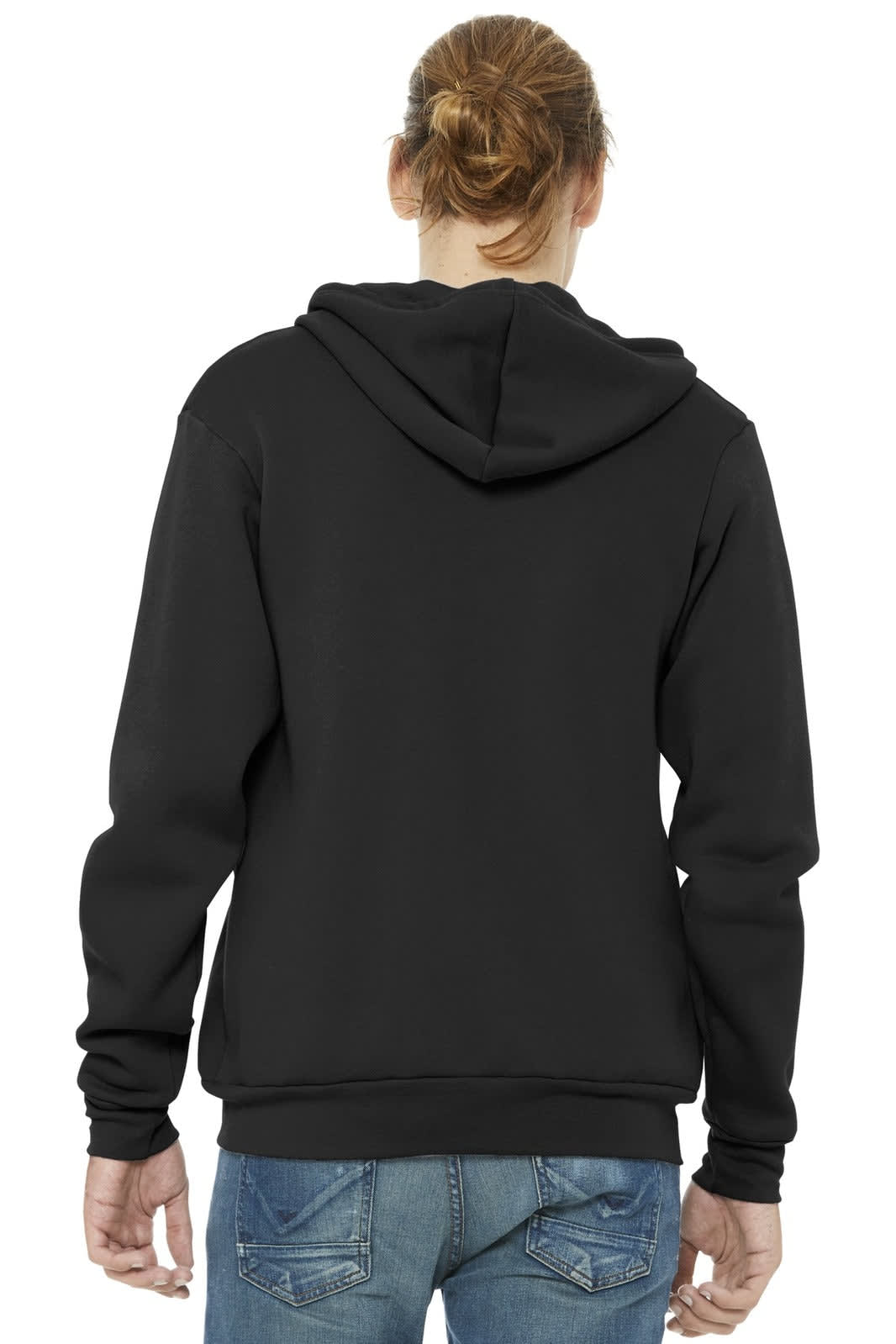 A unisex black fleece hoodie with a full zip, featuring a hood and a simple design on the back.