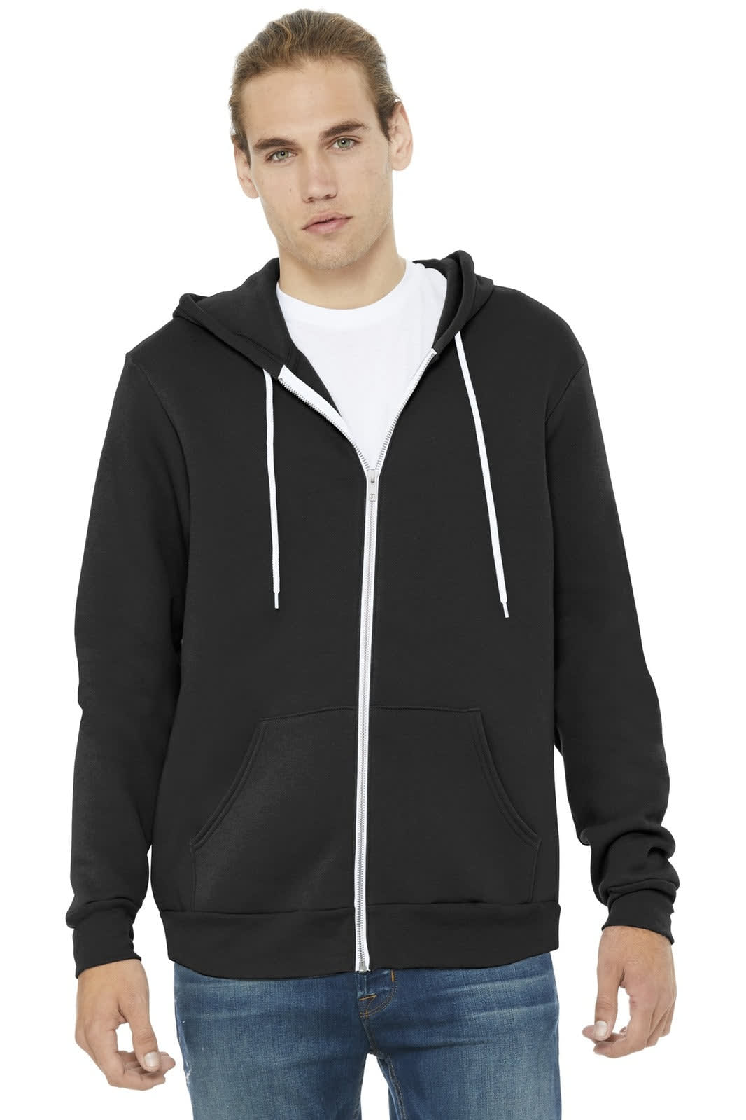 A unisex black fleece full-zip hoodie featuring a hood, front pockets, and a logo.