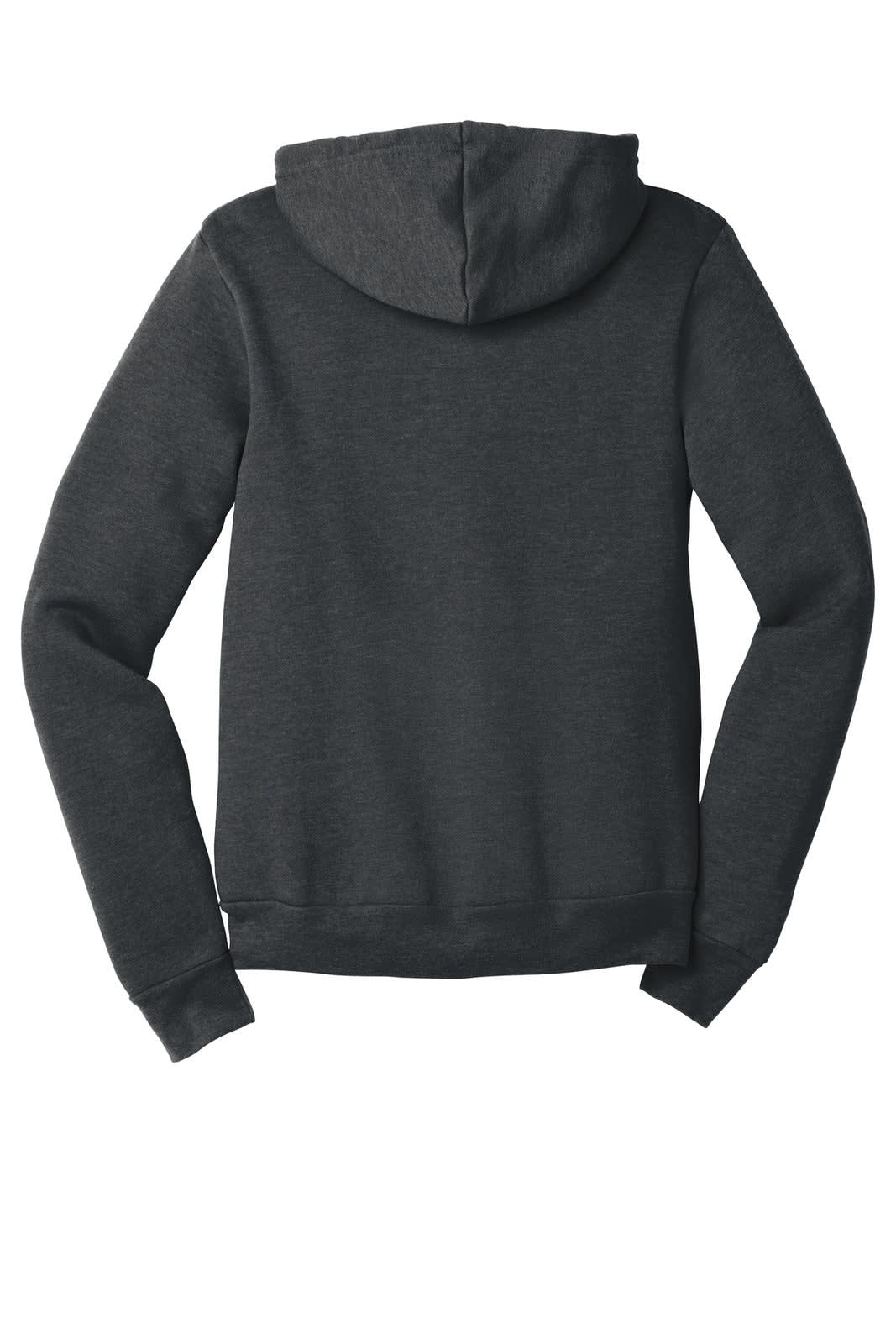 A dark grey unisex sponge fleece full-zip hoodie with a hood and long sleeves, featuring a logo on the back.