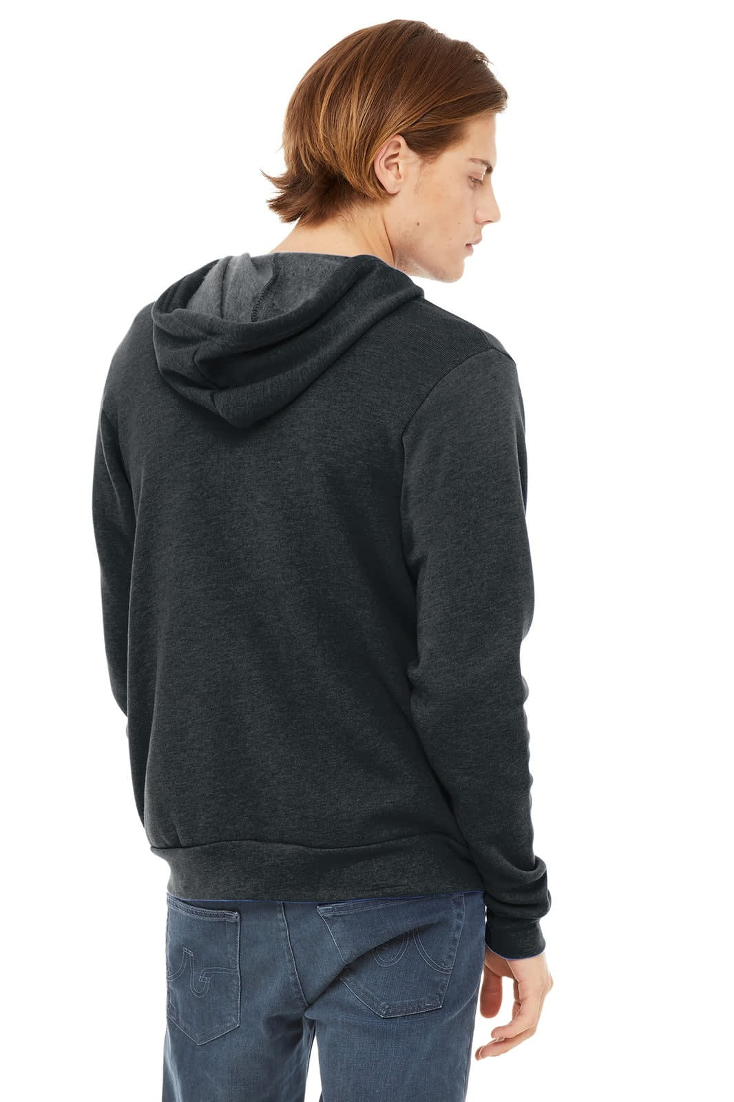A unisex sponge fleece full-zip hoodie in dark grey, featuring a hood and a logo on the back.