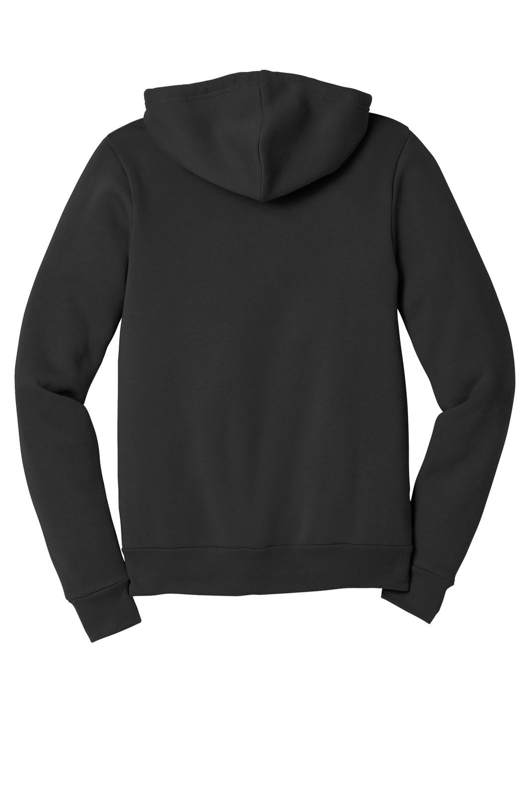 A black unisex sponge fleece full-zip hoodie displaying the back view with a hood and sleeves.