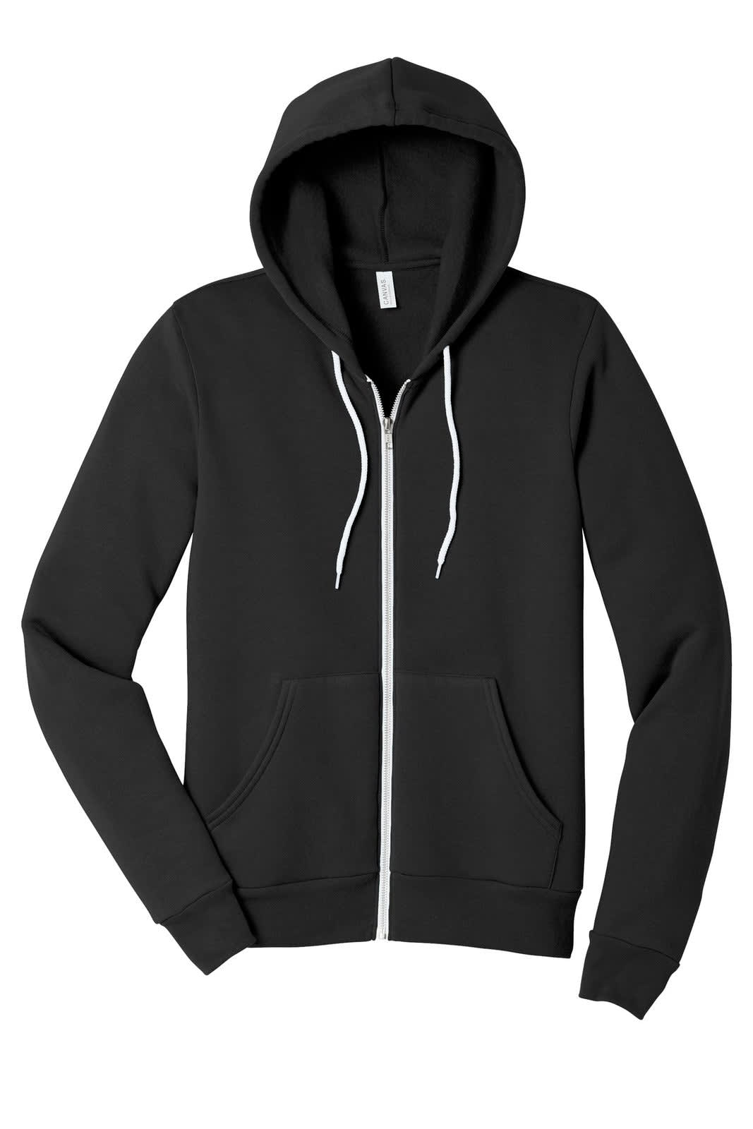 A black unisex sponge fleece full-zip hoodie, featuring a hood and front pockets. It has a logo on the label.