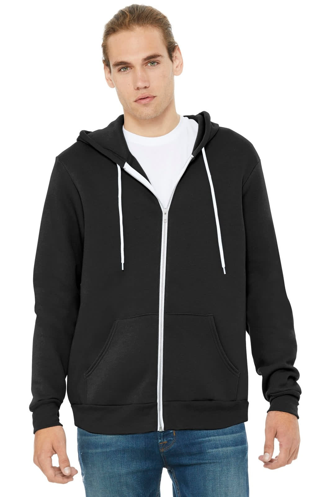 A unisex black full-zip hoodie made from sponge fleece, featuring a hood and a front zip closure.