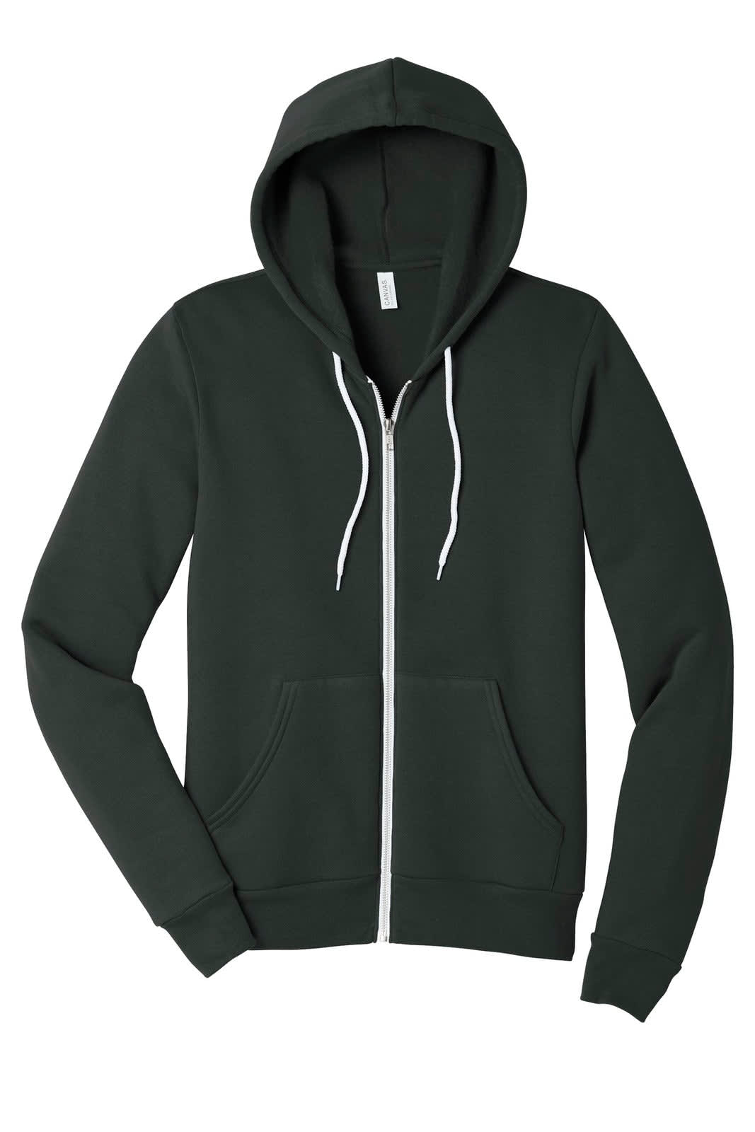 A unisex full-zip hoodie in dark green, featuring a hood and front pockets, with a logo on the label.