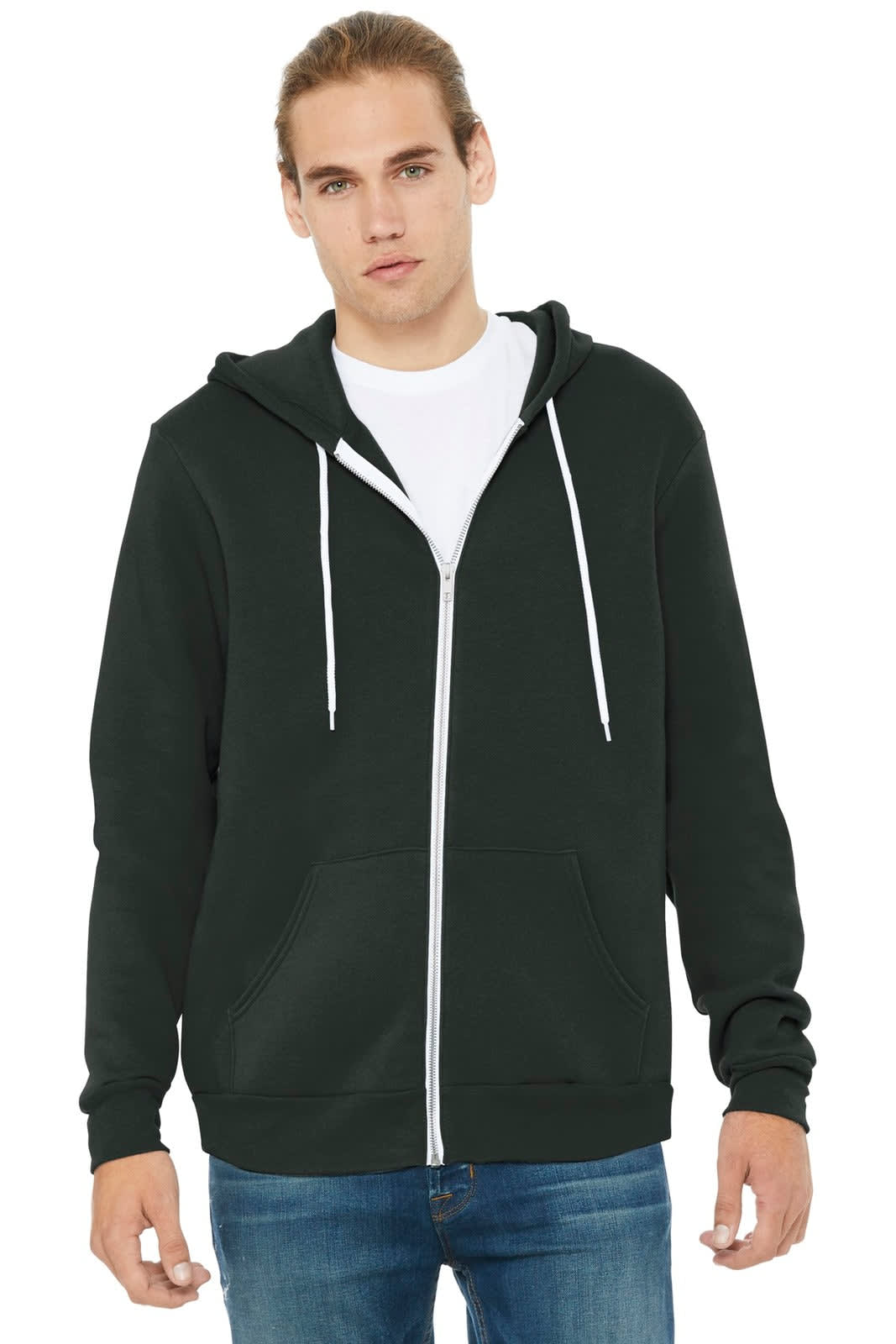 A unisex dark green full-zip hoodie with a front zipper, white drawstrings, and side pockets.