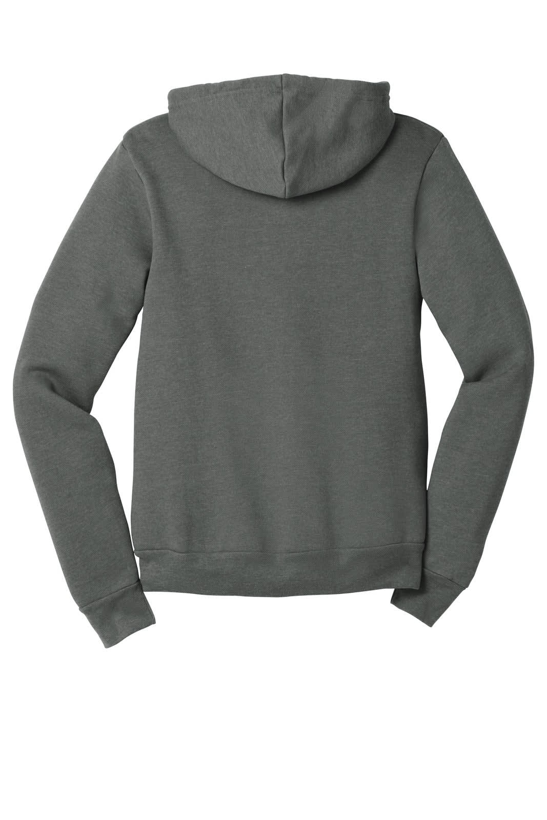 A grey unisex sponge fleece full-zip hoodie with a hood and long sleeves, featuring a logo on the back.