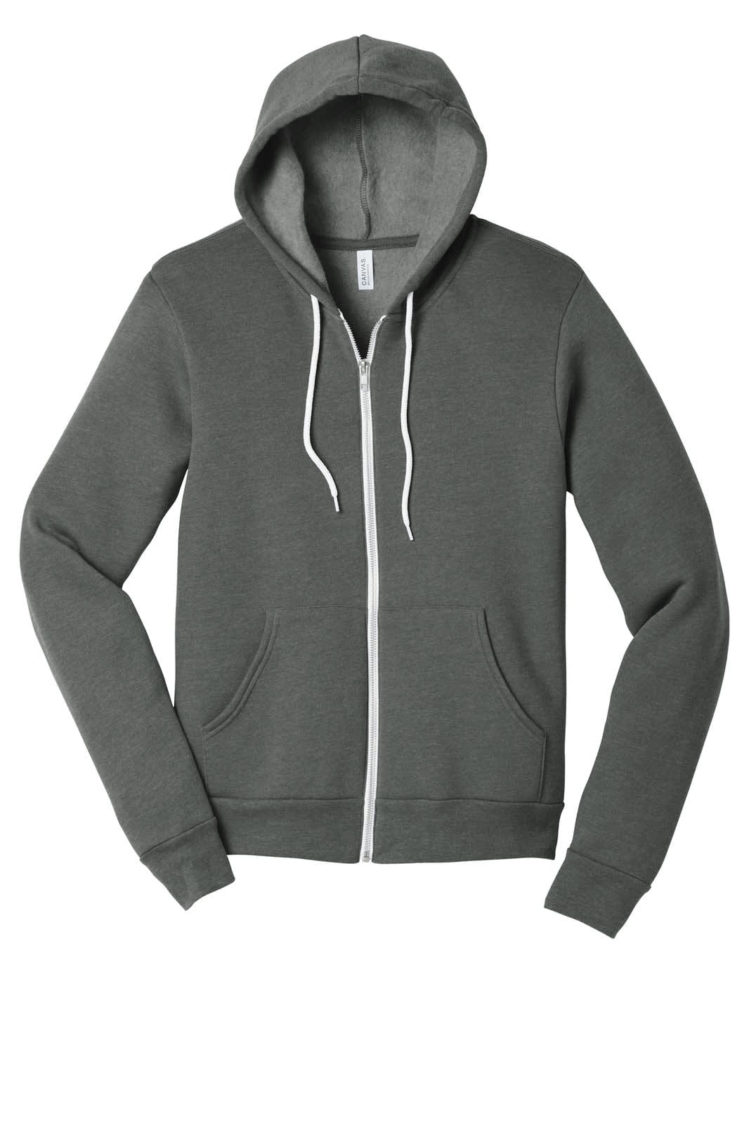 A unisex full-zip hoodie in a grey colour with a hood and front pockets, featuring a logo.