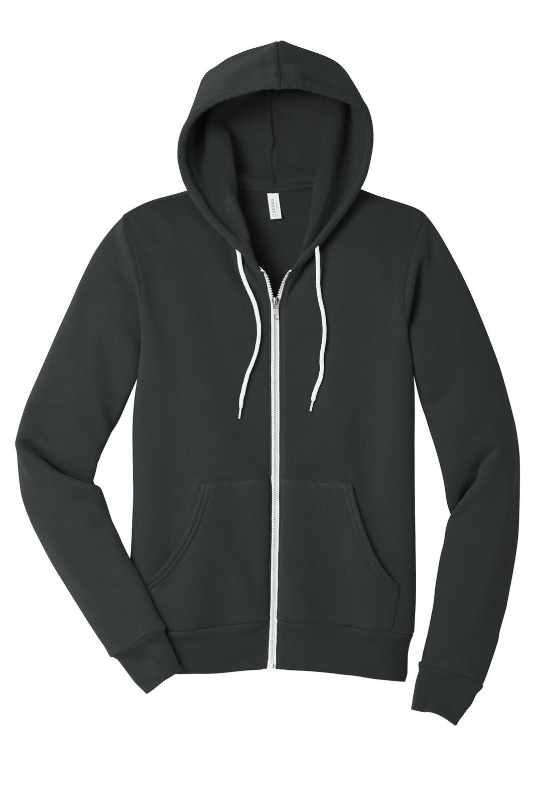 A dark green unisex sponge fleece full-zip hoodie with a hood and front pockets. It features a brand logo.