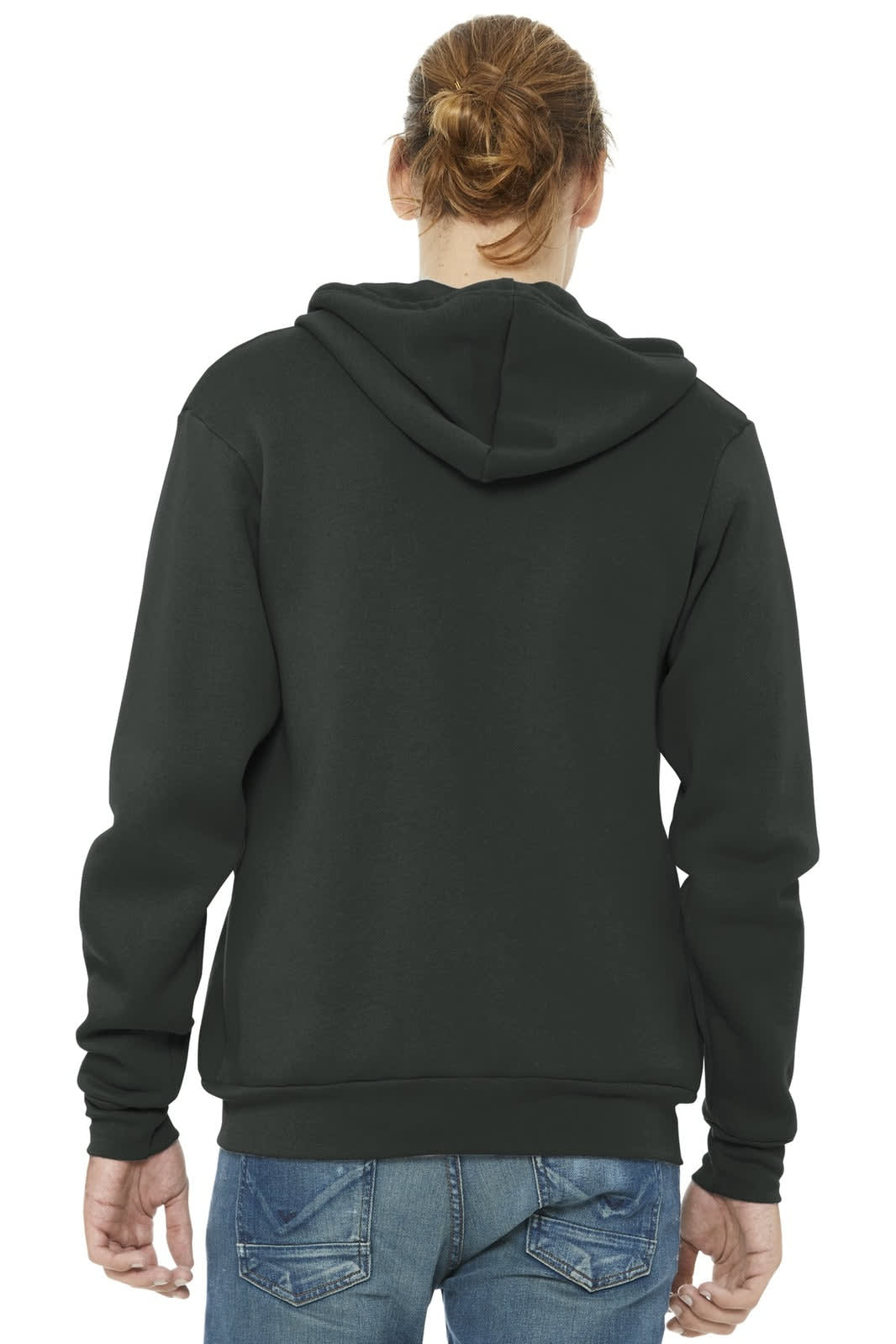 A unisex sponge fleece full-zip hoodie in black, featuring a hood and ribbed cuffs, viewed from the back.