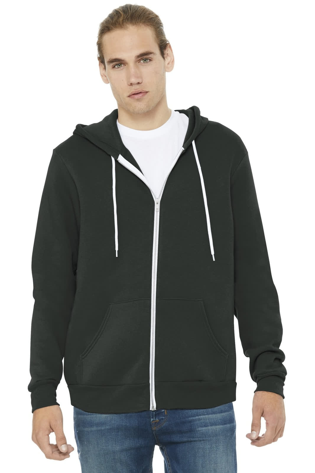 A unisex sponge fleece full-zip hoodie in dark green with a front zipper and dual side pockets.