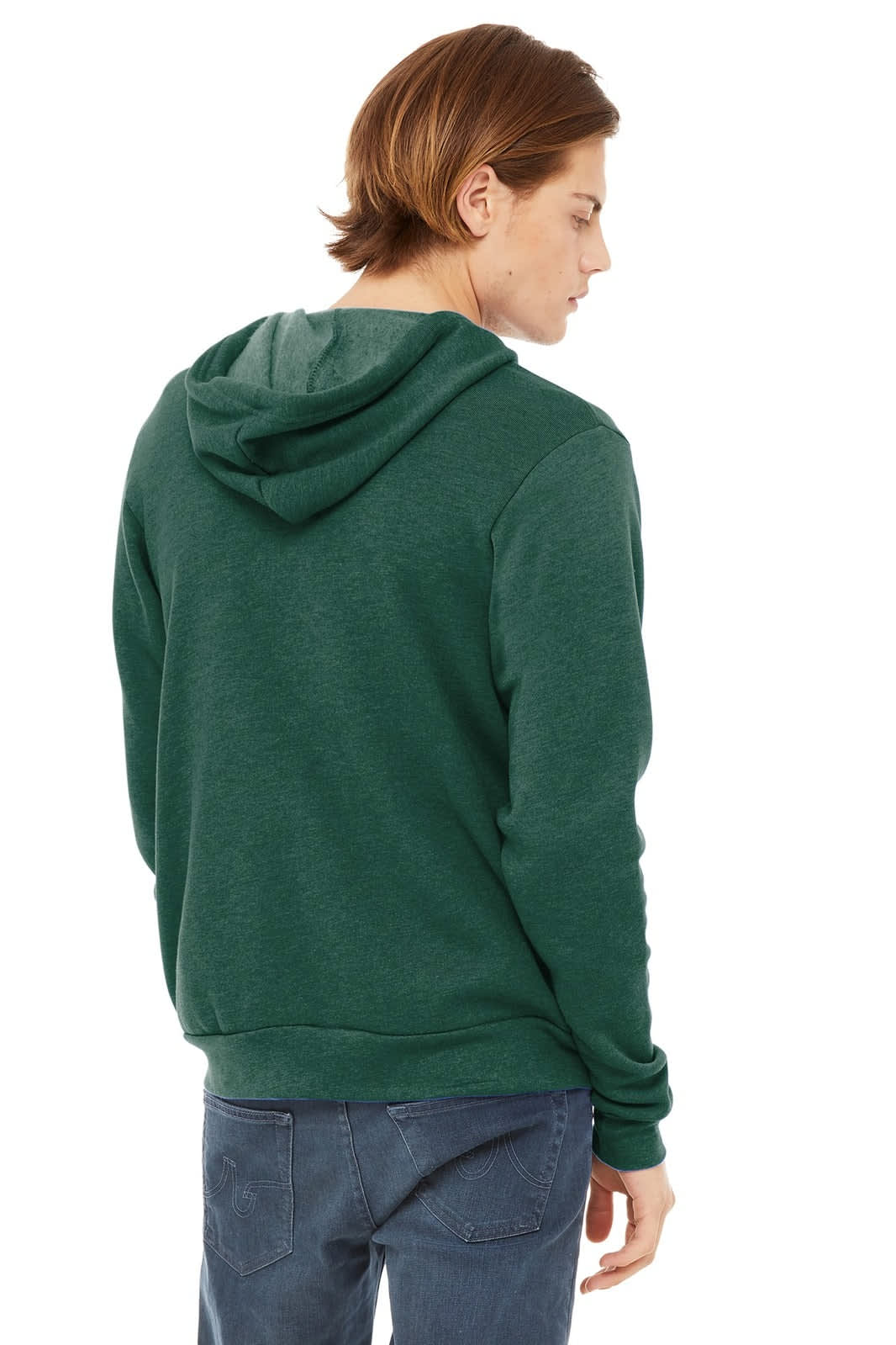 A unisex sponge fleece full-zip hoodie in green, featuring a hood and a logo on the back.