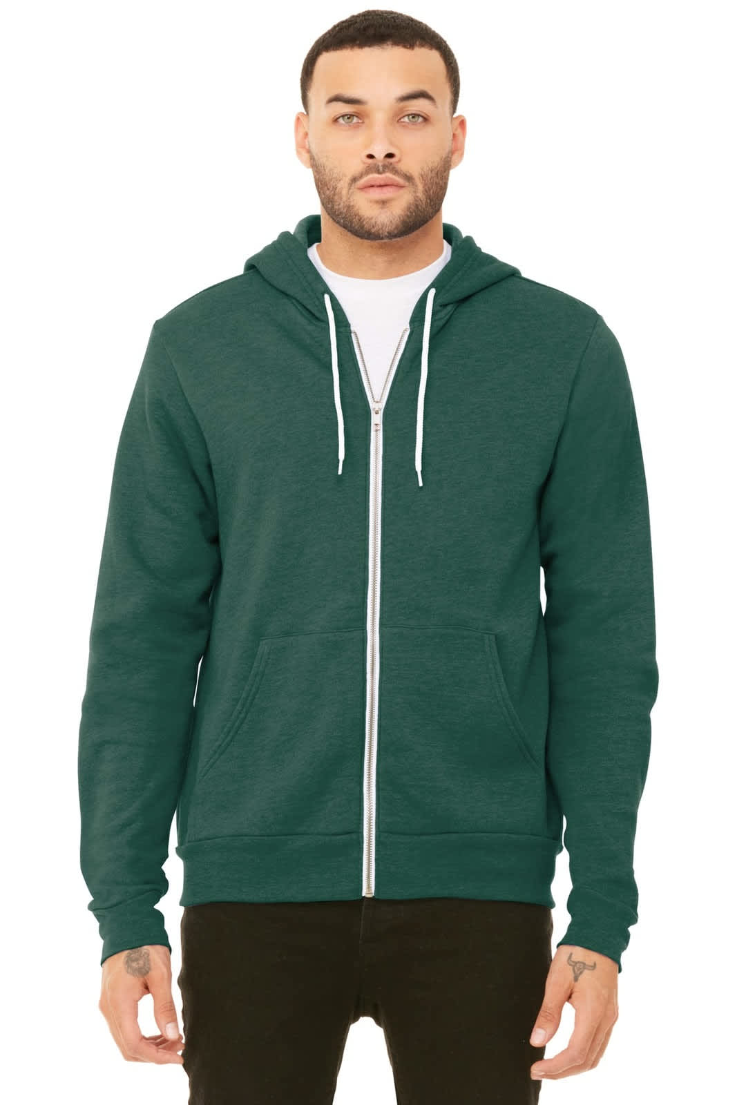 A green unisex sponge fleece full-zip hoodie, featuring a hood and front pockets, modelled by a man.