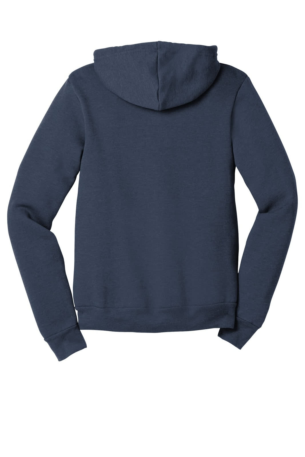 A navy unisex hoodie with a full zip and a hood, featuring long sleeves and a simple design.