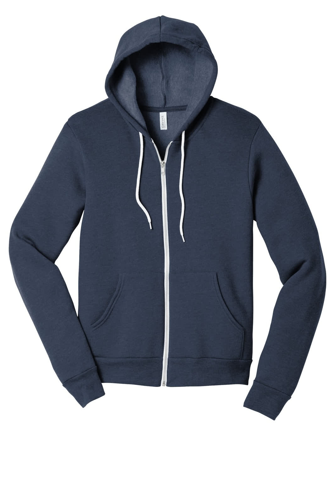 A unisex sponge fleece full-zip hoodie in navy blue with a front pocket and a drawstring hood. Features a logo.