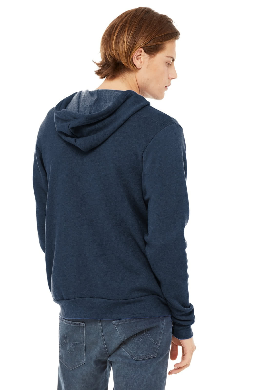 A unisex sponge fleece full-zip hoodie in navy blue, featuring a hood and a logo.